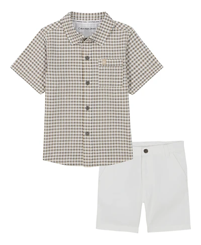 Calvin Klein Toddler and Little Boys Seersucker Check Short Sleeve Shirt Twill Shorts, 2-Piece Set