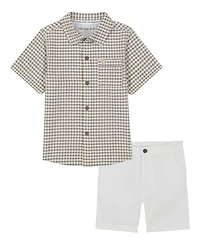 Calvin Klein Toddler and Little Boys Seersucker Check Short Sleeve Shirt Twill Shorts, 2-Piece Set