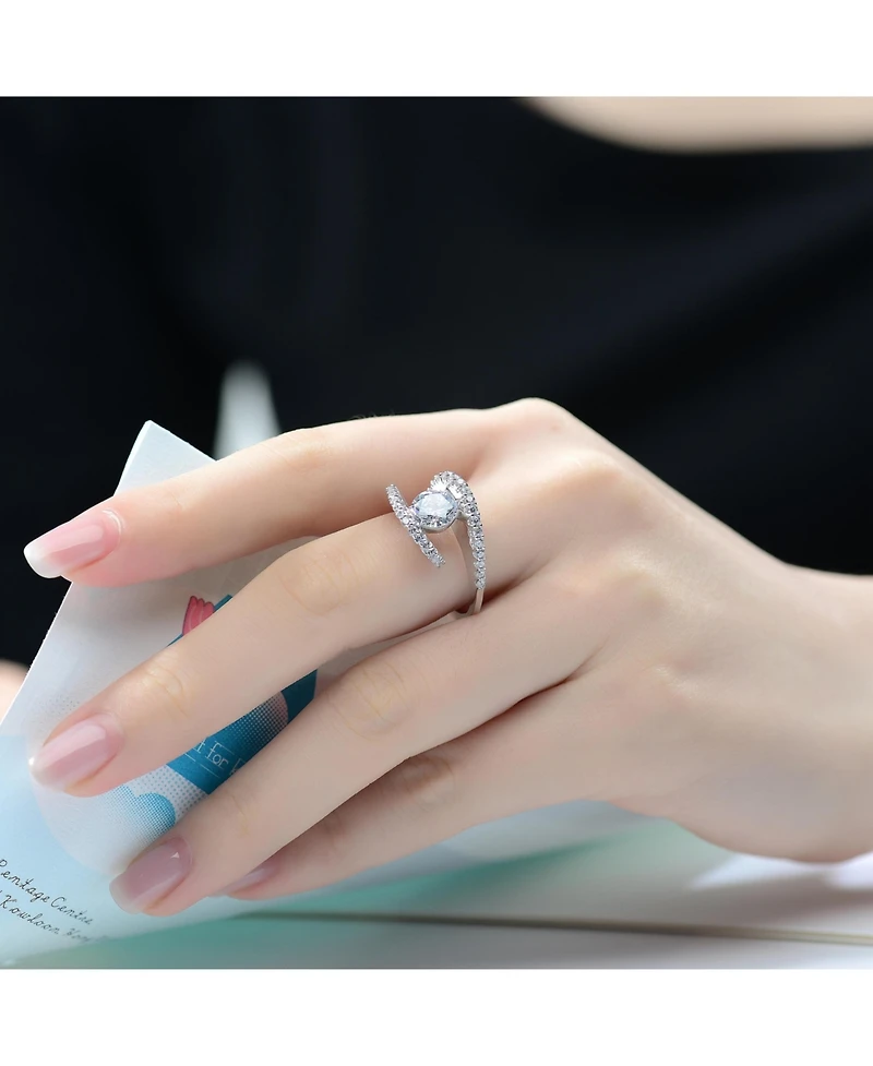 Sterling Silver Cubic Zirconia White Gold Plated Pave Bypass Ring