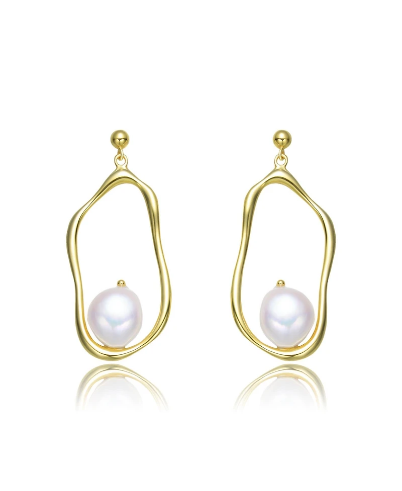 Stylish Sterling Silver with 14K Gold Plating and Genuine Freshwater Pearl Dangling Earrings