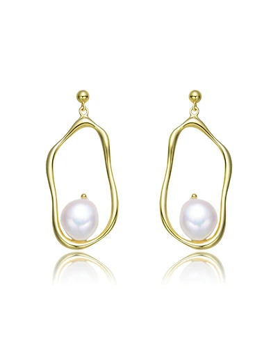 Stylish Sterling Silver with 14K Gold Plating and Genuine Freshwater Pearl Dangling Earrings