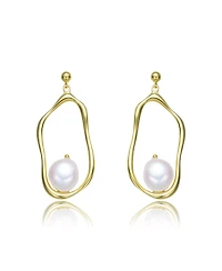 Stylish Sterling Silver with 14K Gold Plating and Genuine Freshwater Pearl Dangling Earrings
