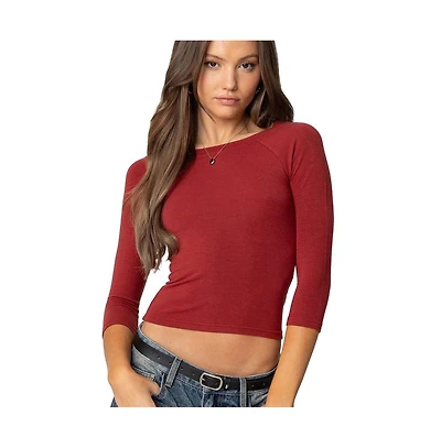 Edikted Womens Mary Quarter Sleeve Wide Neck Top