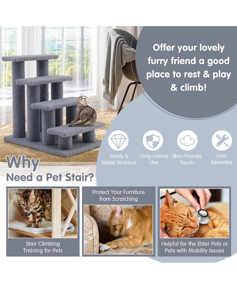 Gymax 24'' 4-Step Pet Stairs Carpeted Ladder Ramp 8 Scratching Post Cat Tree Climber