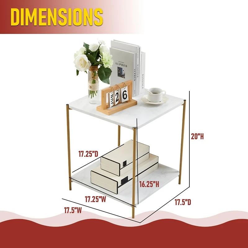 Kings Brand Furniture Side End Table with Faux Marble Storage Shelves & Gold Metal Frame, Nightstand for Bedroom, Living Room, or Modern Accent Table