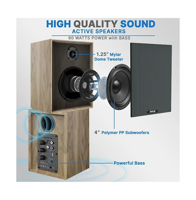 Pyle Hi-Fi Home Bookshelf Monitor Speakers, Bluetooth Desktop Studio System with Remote Control, 60W Max