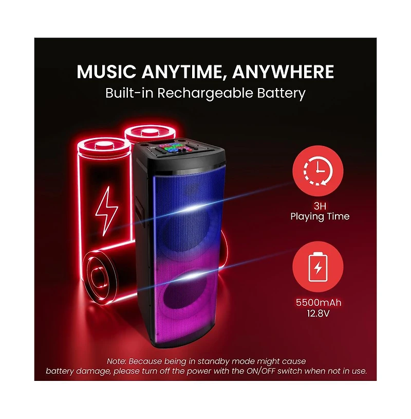 Pyle Dual 12" Bluetooth Portable Pa Party Speaker with Led Lights, Rechargeable Battery & Fm Radio