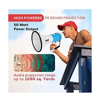 Pyle 50-Watt Portable Megaphone with Siren, MP3 Input, Adjustable Volume, Shoulder Strap, Lightweight White Bullhorn