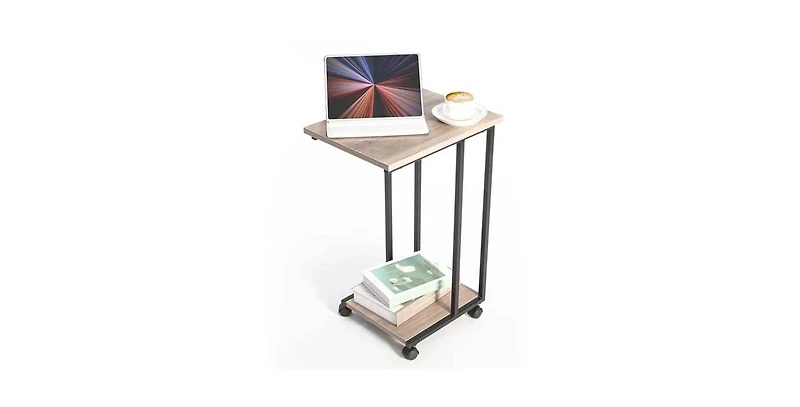 Rolling Bedside Table – Industrial Metal & Wood Tv Tray Table with Locking Casters for Sofa or Bed