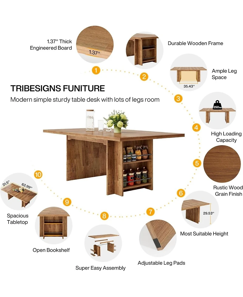 Tribesigns Farmhouse Dining Table for 6 to 8, 63-Inch Rectangular Wooden Kitchen Table with Storage, Industrial Dinner Table with Shelves