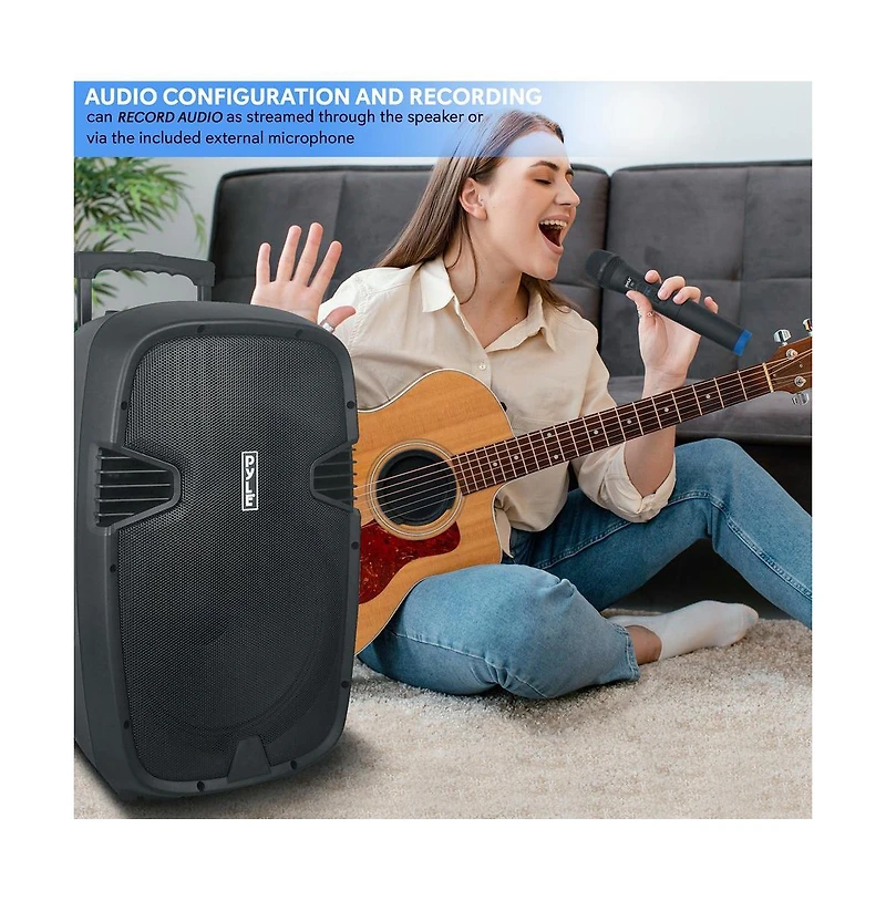 Pyle 1600 Watt, 15" Bluetooth Pa Speaker-Indoor/Outdoor Portable Sound System with (2) Uhf Wireless Microphones Rechargeable Battery, Audio Recor
