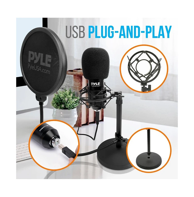 Pyle Usb Podcast Microphone Kit with Shock Mount, Pop Filter, Stand & White Aluminum Case