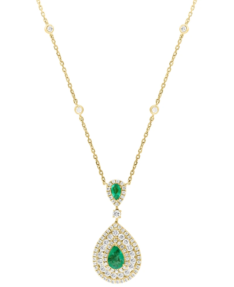 Effy Emerald (3/4 ct. t.w.) & Diamond (1-1/8 ct. t.w.) Double Pear Halo 18" Pendant Necklace in 14k Gold