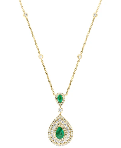 Effy Emerald (3/4 ct. t.w.) & Diamond (1-1/8 ct. t.w.) Double Pear Halo 18" Pendant Necklace in 14k Gold