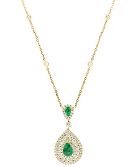 Effy Emerald (3/4 ct. t.w.) & Diamond (1-1/8 ct. t.w.) Double Pear Halo 18" Pendant Necklace in 14k Gold
