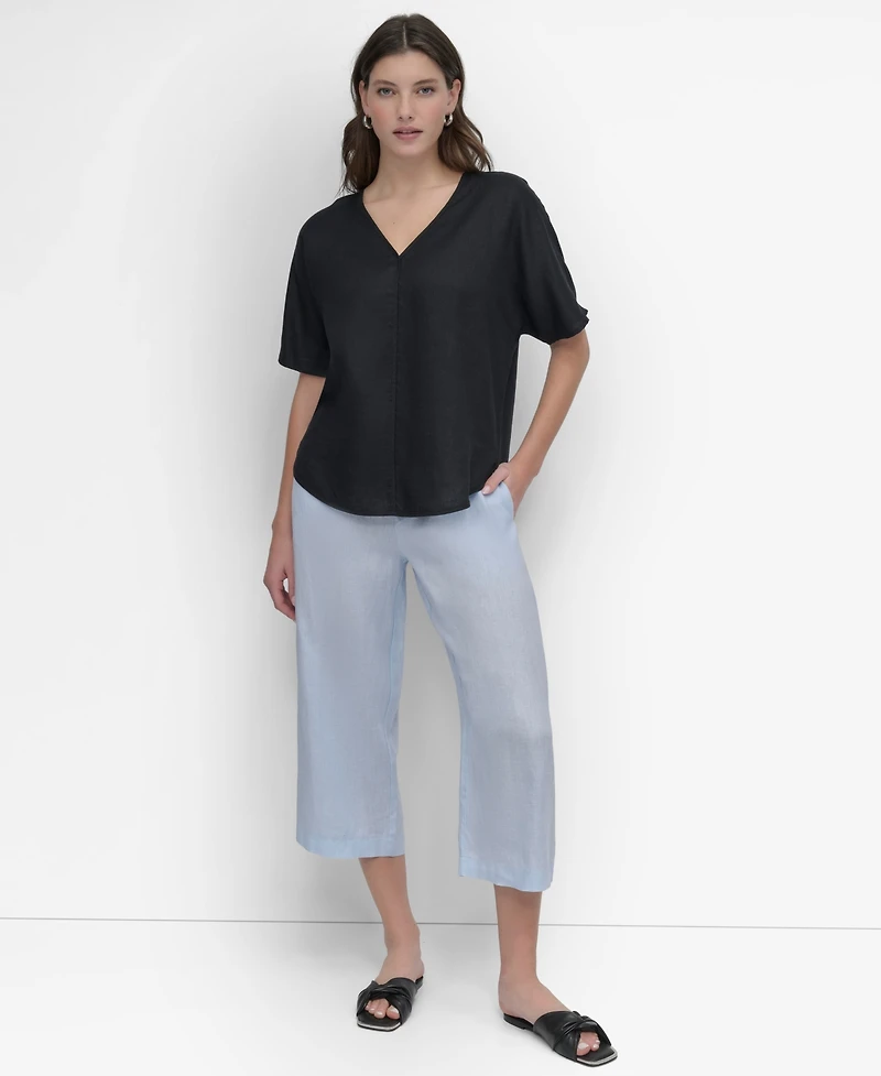Dkny Women's Seamed-Front V-Neck Curved-Hem Linen Blouse