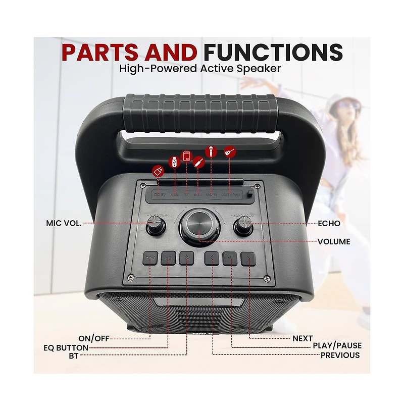 Pyle Portable Pa Speaker System with Led Lights, Wireless Microphone, Bluetooth, Fm Radio & Rechargeable Battery