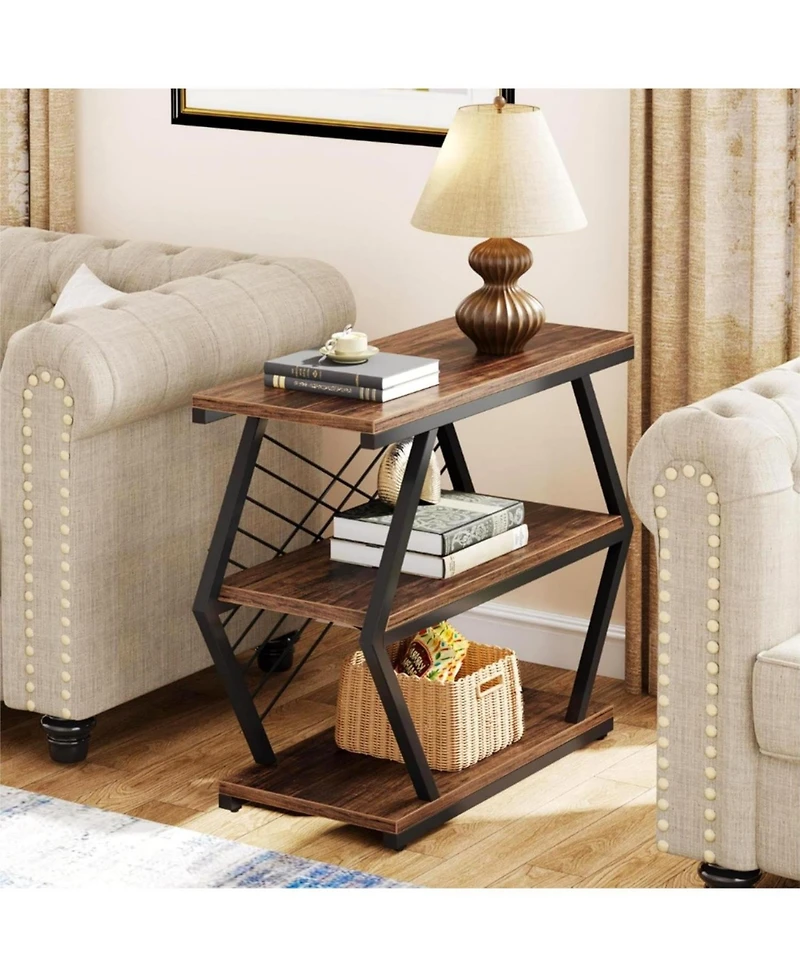 Tribesigns End Table, Industrial Side Table with 3 Storage Shelves, Wood Sofa Side Table with Geometric Metal Frame, Bedside Table for Living Room, Be