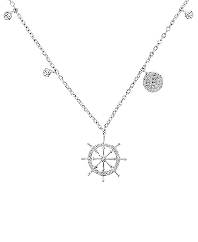 Cubic Zirconia Ship Wheel 18" Pendant Necklace in Sterling Silver