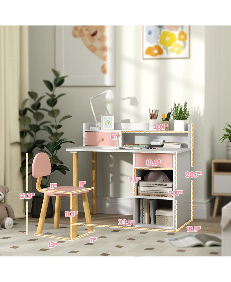 Qaba Kids Desk and Chair Set w/ Storage, for Girls Boys 3-8 Years,