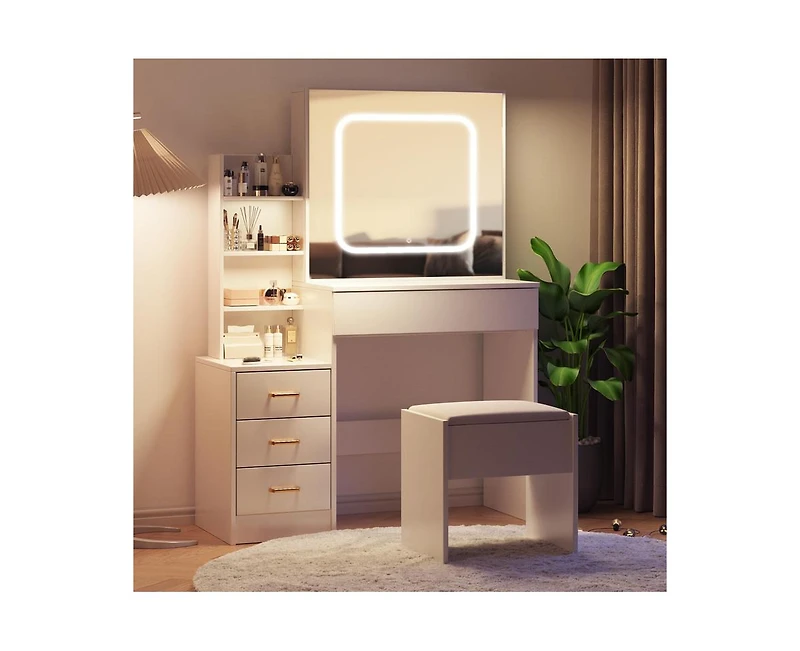 gaomon Vanity Desk with Sliding Mirror and Led Lights, Vanity Table with Power Outlet, Bedroom Makeup Table with 4 Drawers