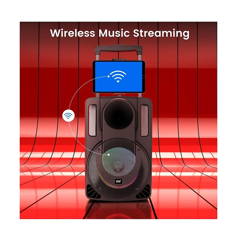 Pyle 15" Bluetooth Portable Pa Speaker with Rechargeable Battery, Two Wireless Microphones, Wired Microphone, Tablet Stand, Flashing Party Lights, Usb