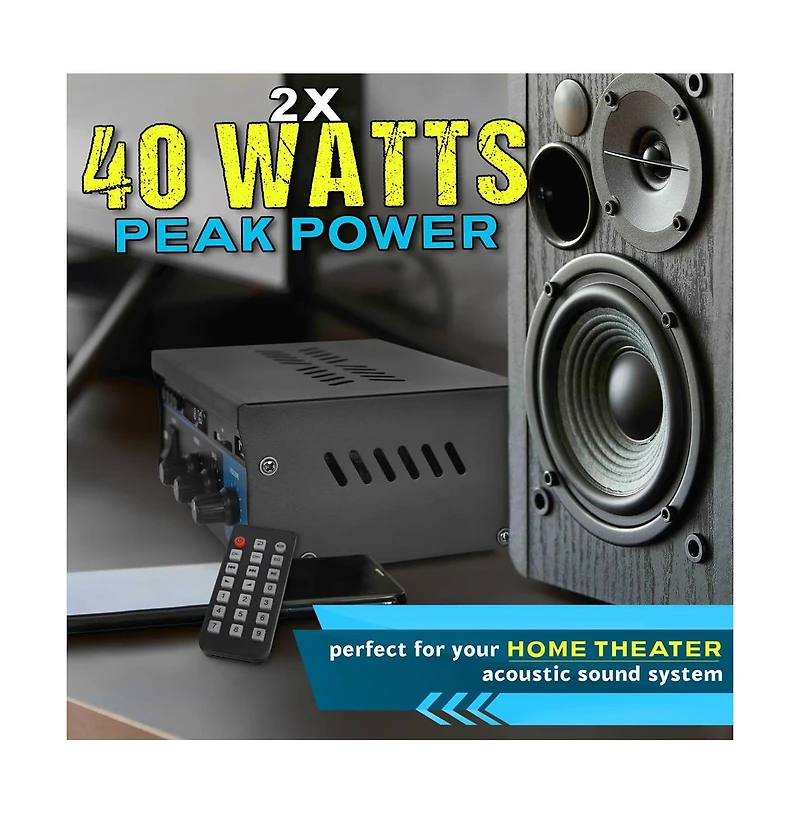 Pyle Compact Bluetooth Stereo Power Amplifier, 2 x 40W