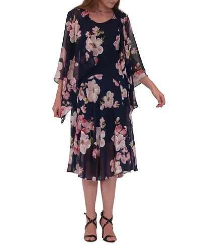 Robbie Bee Plus Floral Print Open-Front Chiffon Jacket Dress