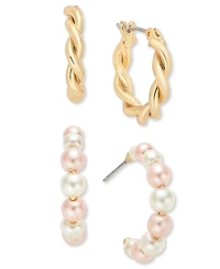 Charter Club Gold-Tone 2-Pc. Set Pink & White Imitation Pearl Twisted Hoop Earrings, Exclusively at Macy's