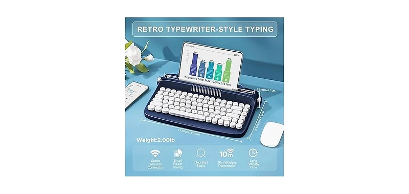 Yunzii Actto B303 Wireless Keyboard, Retro Bluetooth Aesthetic Typewriter Style Keyboard with Integrated Stand for Multi-Device