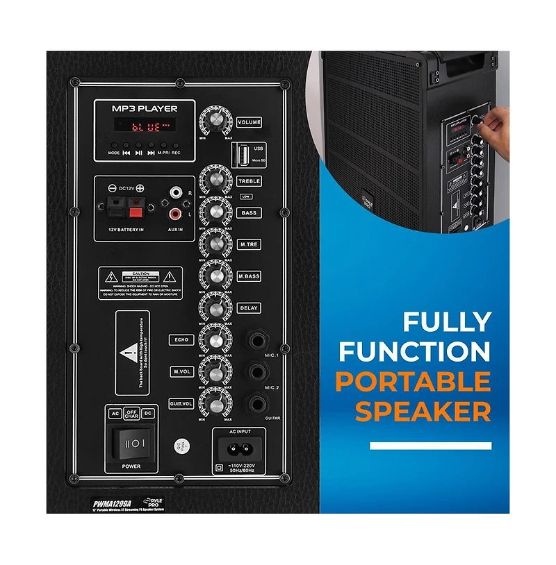 Pyle 12" Portable Wireless Bt Streaming Pa Speaker System - Built-in Rechargeable Battery, Wireless Microphone, Usb/Micro Sd/Fm, 800W