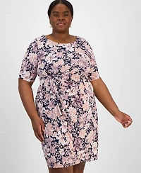 Connected Plus Size Floral-Print Gathered-Waist Dress