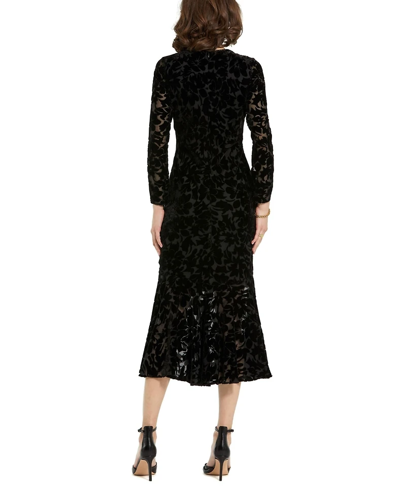 Mac Duggal Women's Burnout Velvet Long Sleeve Ruffle Hem Midi Dress
