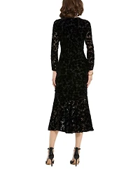 Mac Duggal Women's Burnout Velvet Long Sleeve Ruffle Hem Midi Dress