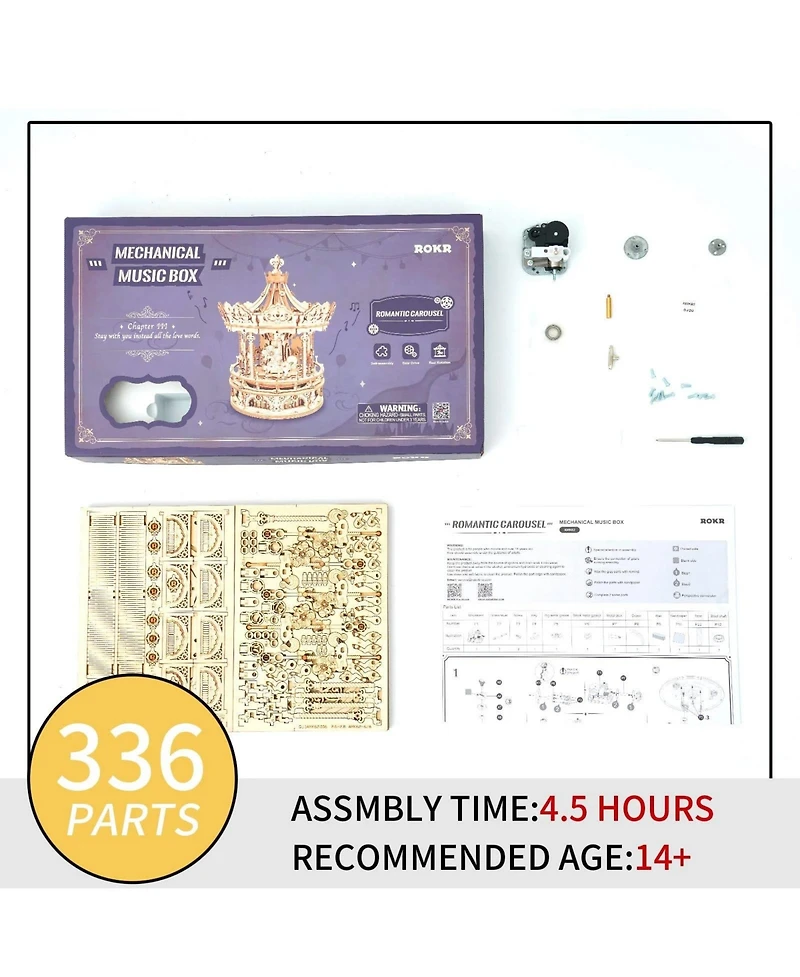 Robotime Music Box 3D Puzzles,Carousel Model Building Kits,Christmas Birthday Gift for Kids Girls Daughter Wife Girlfriend, Beige, 6.7"6.7"9.25"