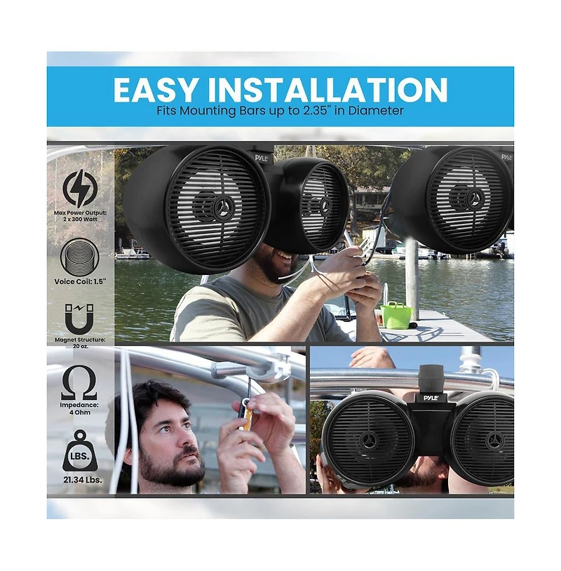 Pyle 8'' Dual Marine Wakeboard Speaker System with Led Lights, Water Resistant, Black
