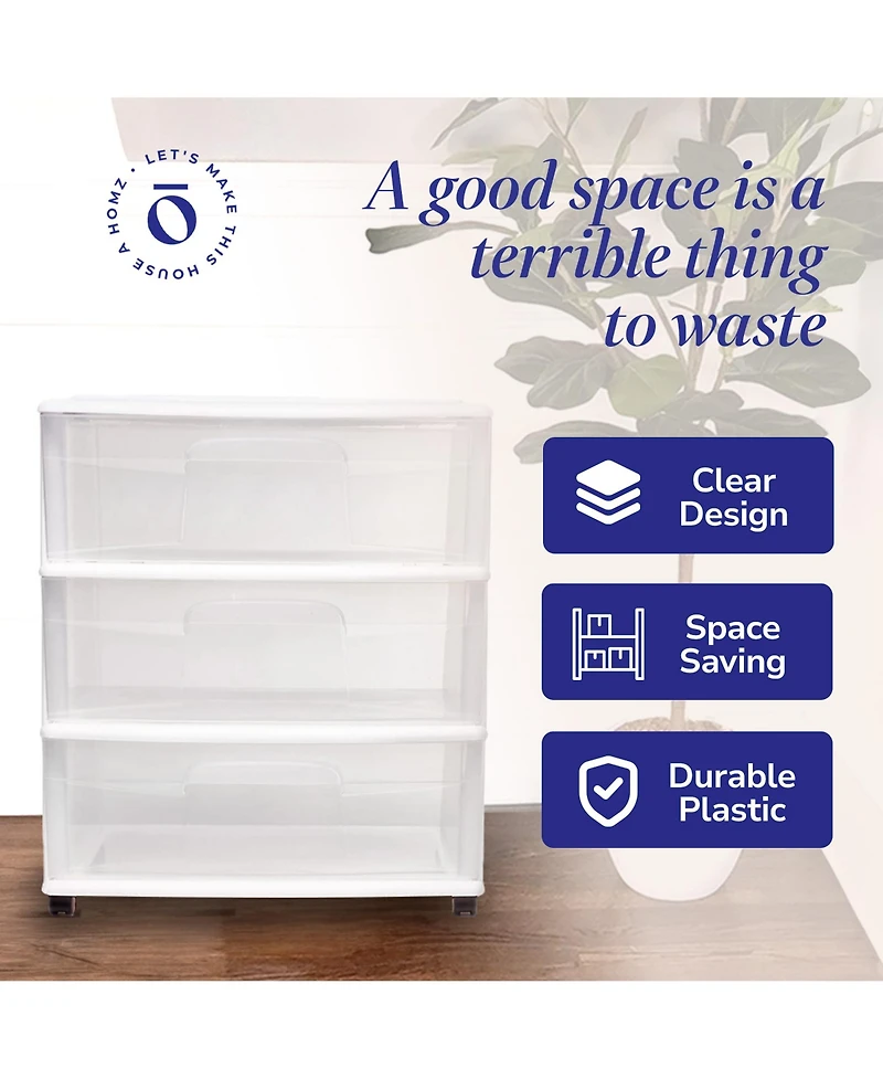 Homz Plastic 3 Clear Drawer Small Rolling Storage Container Tower