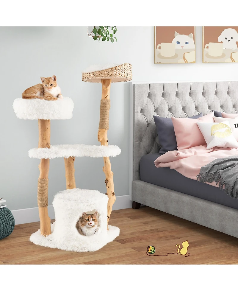 Gymax 49'' Tall Wooden Cat Tree Solid Wood Cat Tower with Jute Scratching Posts