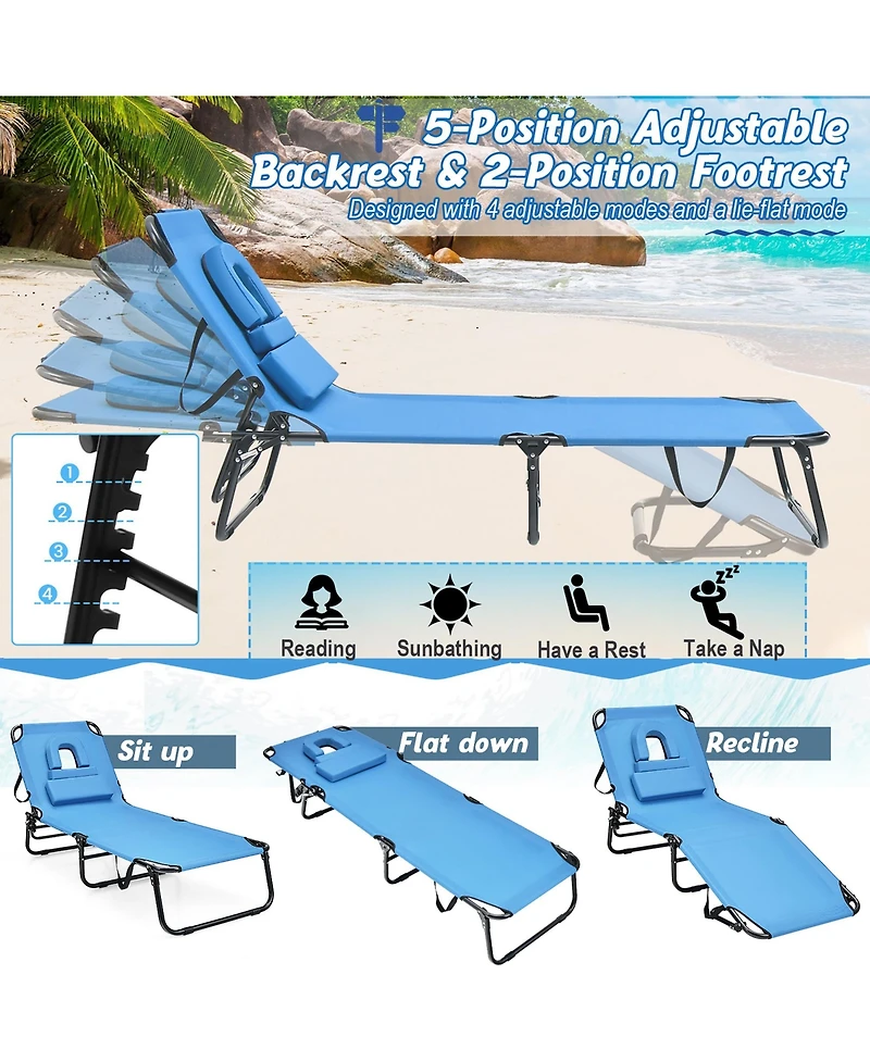 Gymax 5-Position Lounge Chair Adjustable Beach Chaise w/ Face Cavity & Pillows