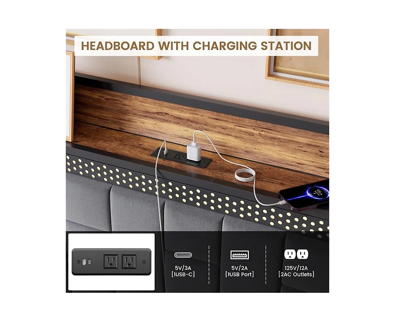 gaomon Queen Bed Frame with Charging Station, Led Bed Frame with Storage Headboard, Upholstered Platform Bed Frame Queen Size, No Box Spring Needed, E