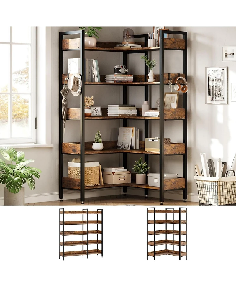 gaomon Corner Bookshelf, 5 Tier Convertible Corner Book Shelf, Modern Industrial Bookcase, L Shaped Storage Display Shelf for Home Office, Living Room