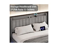 gaomon Full Size Floating Bed Frame with Led Lights, Upholstered Platform Full Bed Frame with Charging Station & Storage Headboard