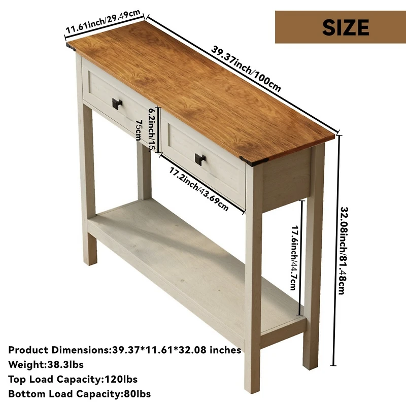 Farmhouse Style Console Table with 2 Drawer and Bottom Storage Shelf for Entryway, Rustic Side Table with Storage Drawer and Shelf