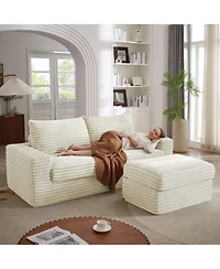 Luxurious Sectional Sofa,Corduroy L-Shaped Couch with Movable Ottoman, Oversized Comfy Couch with Zippered Backrest (Beige)
