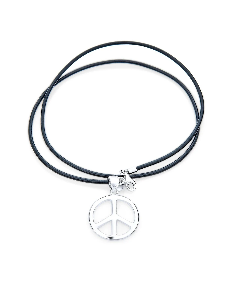 Bling Jewelry Peace Sign Pendant Necklace Black Leather Cord Sterling Silver 18"