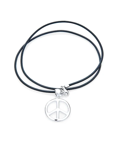 Bling Jewelry Peace Sign Pendant Necklace Black Leather Cord Sterling Silver 18"