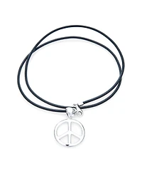 Bling Jewelry Peace Sign Pendant Necklace Black Leather Cord Sterling Silver 18"