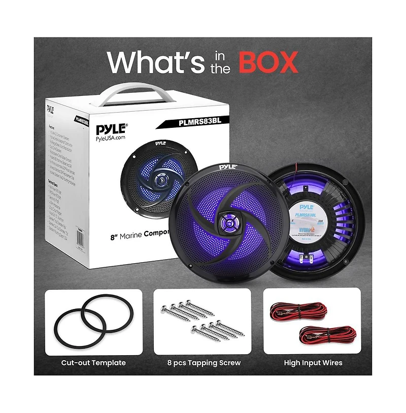 Pyle 8'' Marine Waterproof Speakers with Blue Led Lights, 320W, Black