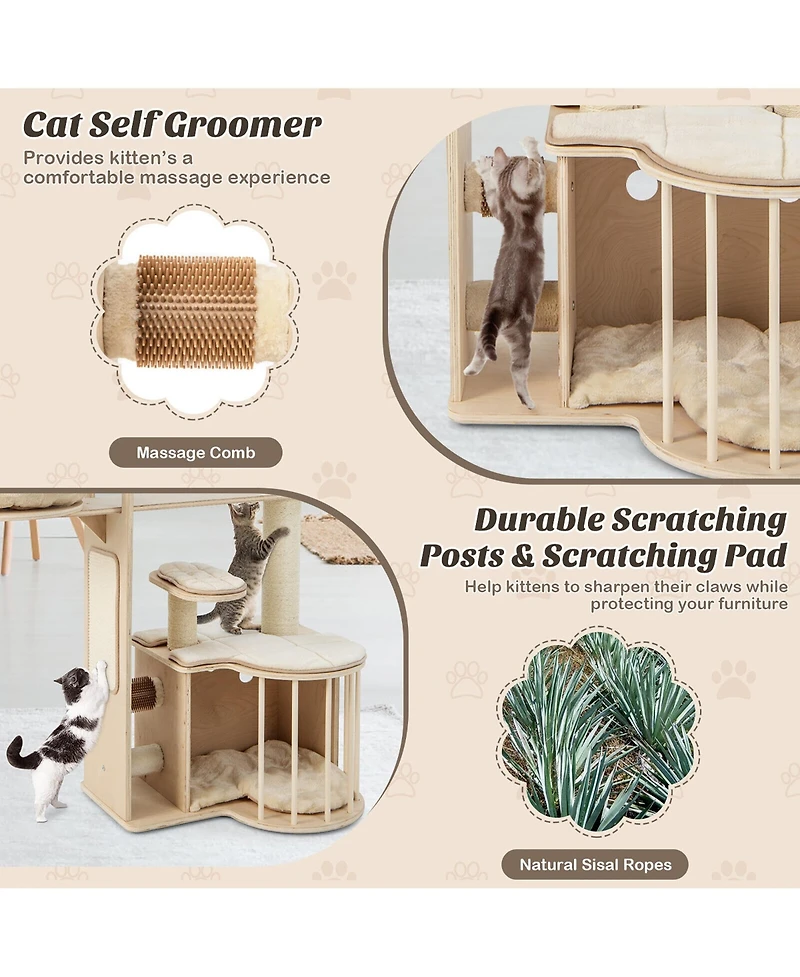 Gymax 55'' Tall Cat Tree Tower Multi-Layer Wooden Activity Center w/ Rest Condo & Hammock