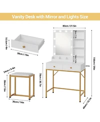 gaomon Vanity Desk with Mirror and Lights, Makeup Vanity with 2 Large Drawers and 3 Open Shelves, 3 Lighting Modes Brightness Adjustable, Bedroom